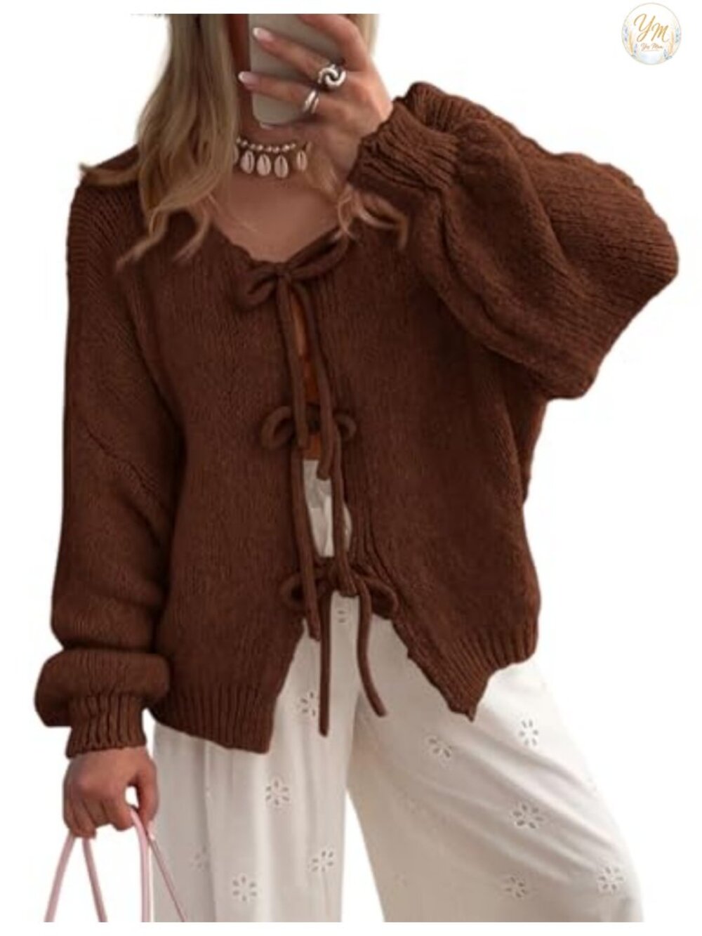 Women's Tie Front Bow Cardigan, Puff Sleeve Cable Knit Open Front Sweater